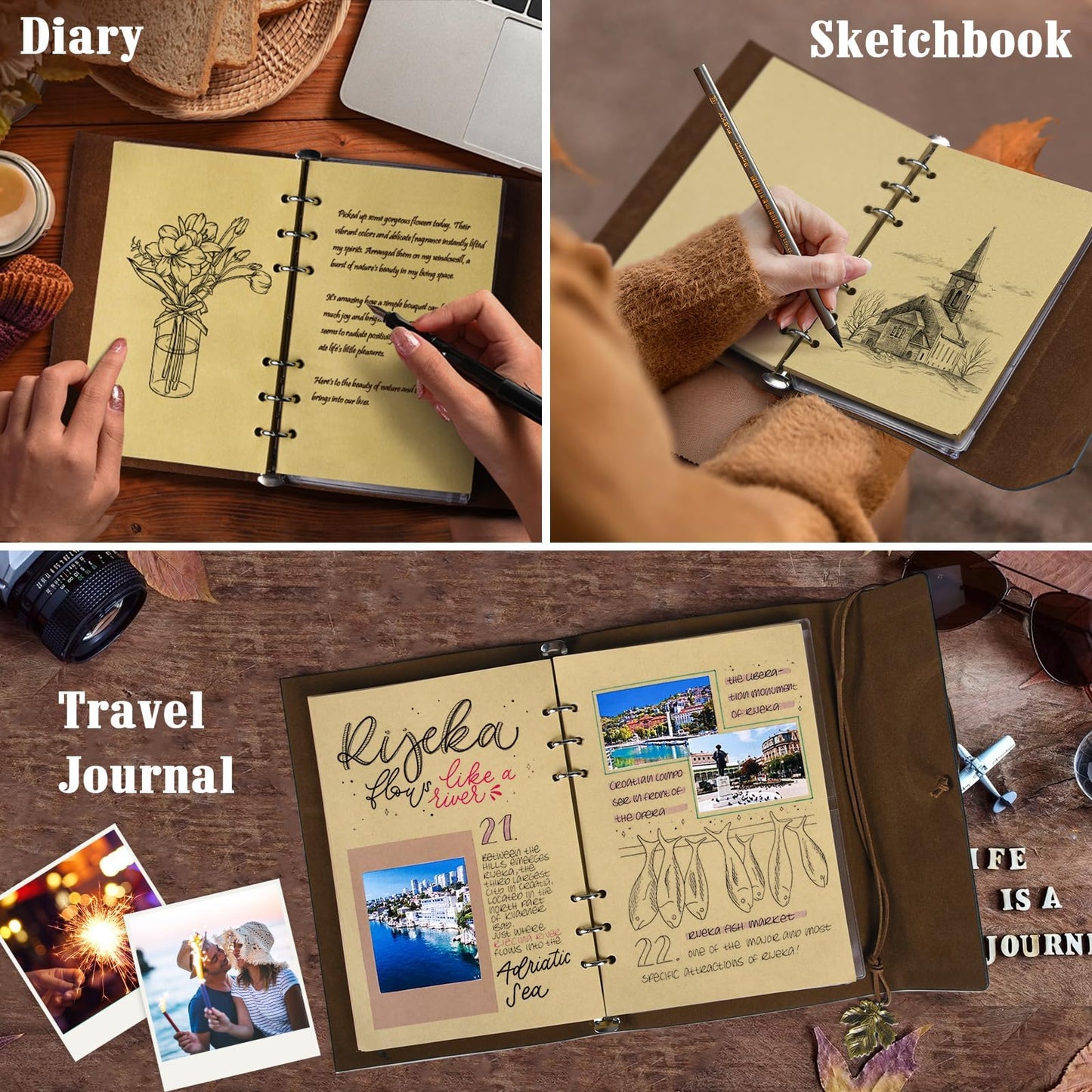 Leather Journals Notebooks with Blank Pages, Vintage Refillable Journal for Writing, Personal Travel Diary Art Sketchbook to Write in, Gifts for Women, Men, Teen Girls and Boys, 160 Pages A5 (Blue)