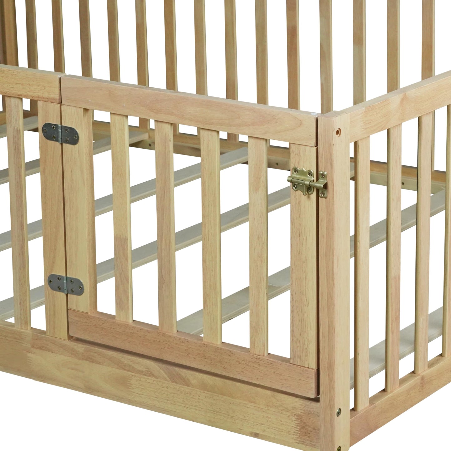 KEIKI Montessori Full Floor Bed with 21.5" High Fence, Revolving Door & 6 Slats, Rubber Wood Floor Bed Frame for Kids, Easy Assembly, Natural