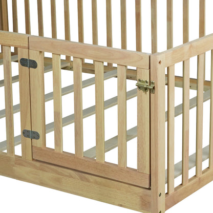 KEIKI Montessori Full Floor Bed with 21.5" High Fence, Revolving Door & 6 Slats, Rubber Wood Floor Bed Frame for Kids, Easy Assembly, Natural