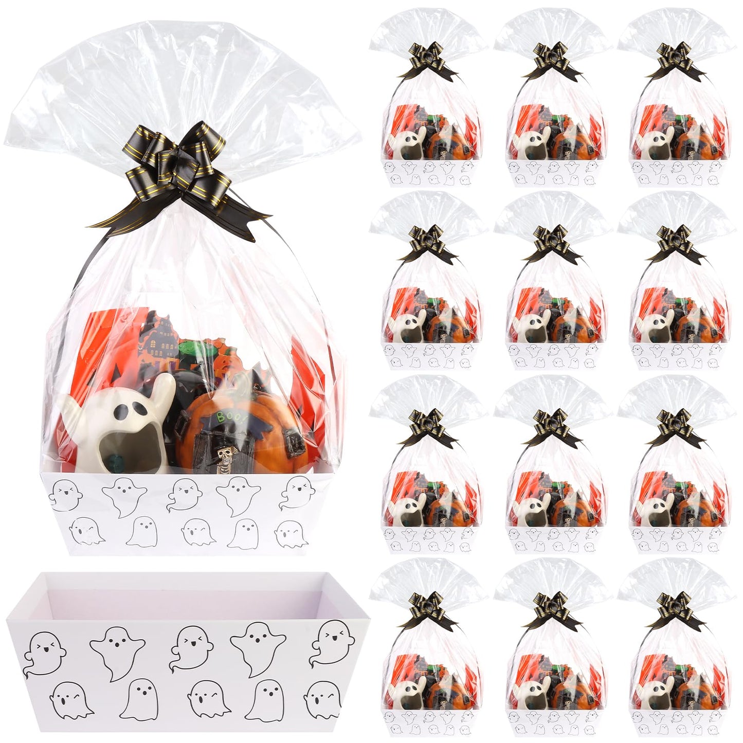 Kolewo4ever 36Pcs 12 Pack Halloween Basket Boo Basket Set 8x10inch Ghost Baskets for Gifts Empty to Fill with Baskets Empty Bags Pull Bows for Halloween Holiday