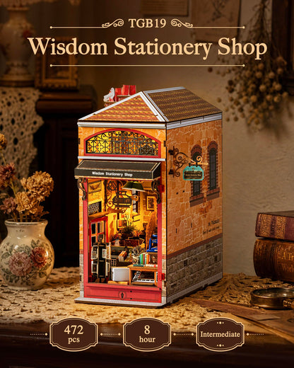 Rolife Wisdom Stationery Shop DIY Book Nook Kit, 8-Hour Advanced Level 3D Wooden Puzzle, Bookshelf Insert Decor, Miniature House Kit with LED Light, Cozy Reading Corner Gift for Adults & Book Lovers