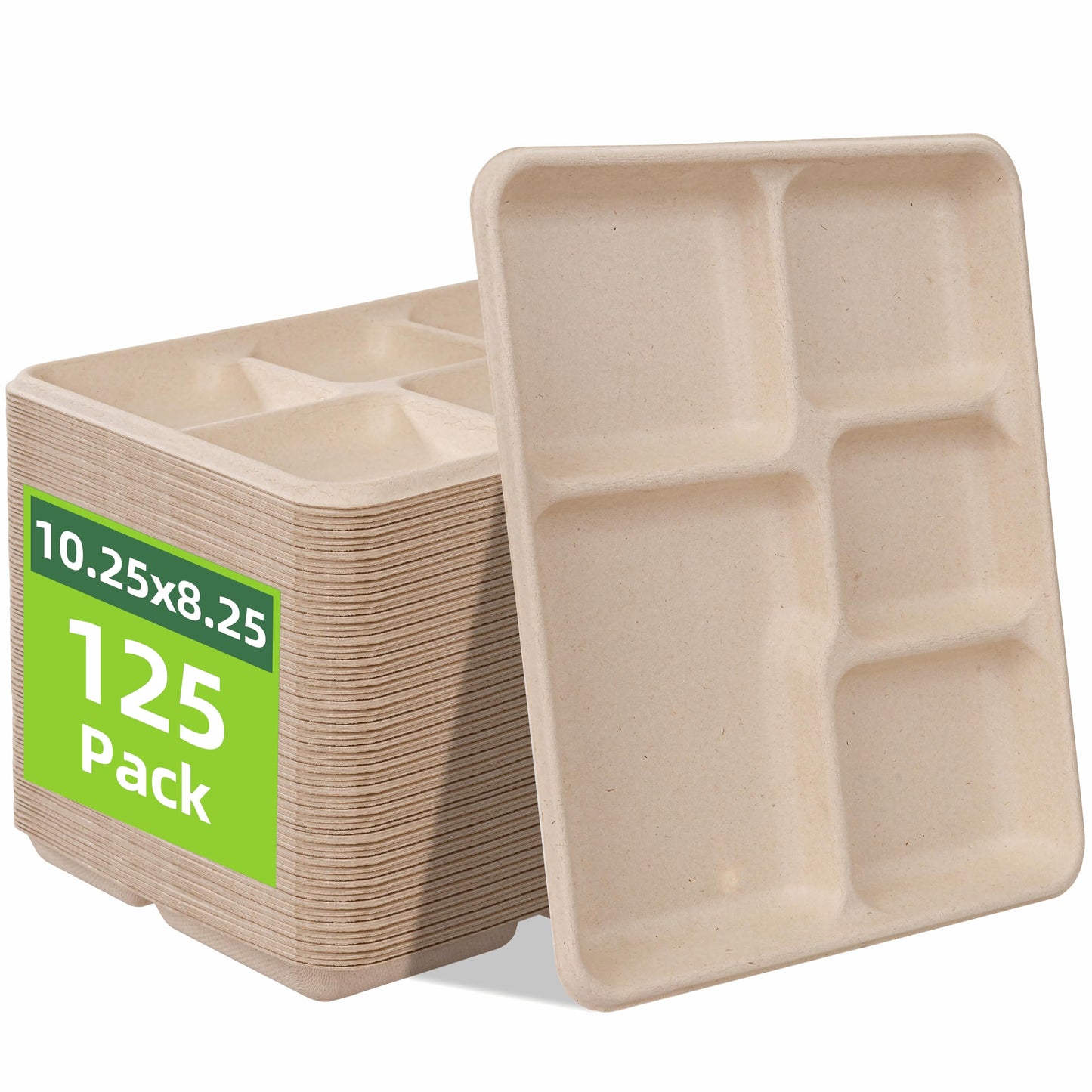 WELLIFE 125 Pack Kids Small 5-Compartment Paper Plates, 10.25x8.25 Inch 100% Compostable Divided Plates, Disposable School Lunch Trays, Eco-Friendly Bagasse Plate for Boys Girls and Youth (BPA Free)