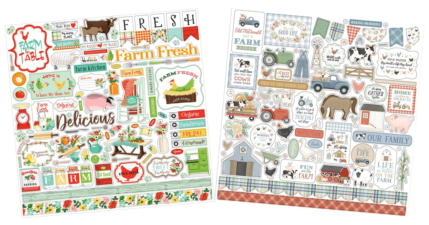 Farm Stickers for Scrapbooking - 12x12 Farm Animal, Barnyard & Tractor Designs for Farmers Journal, Farmhouse Photo Album, DIY Crafts - 2 Sheet Set