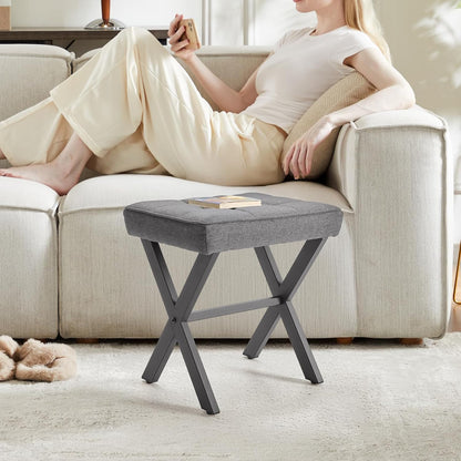 Sweetcrispy Vanity Stool Ottoman, Square Linen Makeup Stool Metal X Legs, Small Footstool Chair for Vanity, Modern