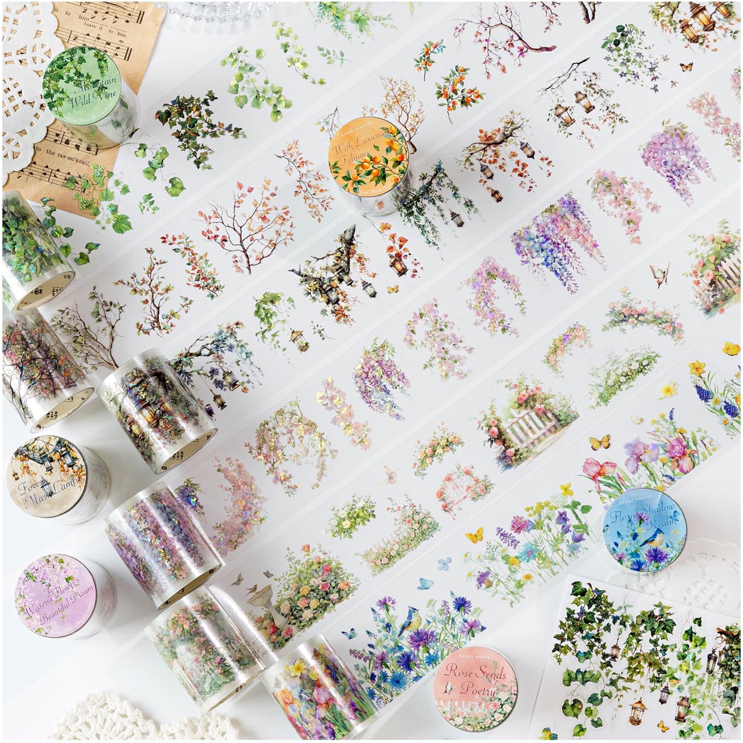 Diuhofart Holographic Garden Plant PET Tape Stickers for Journaling and Scrapbooking, 6 Rolls Precut Flower Branch Vines Decorative Tapes for Junk Journal Supplies, Bujo, Planners, DIY Crafts