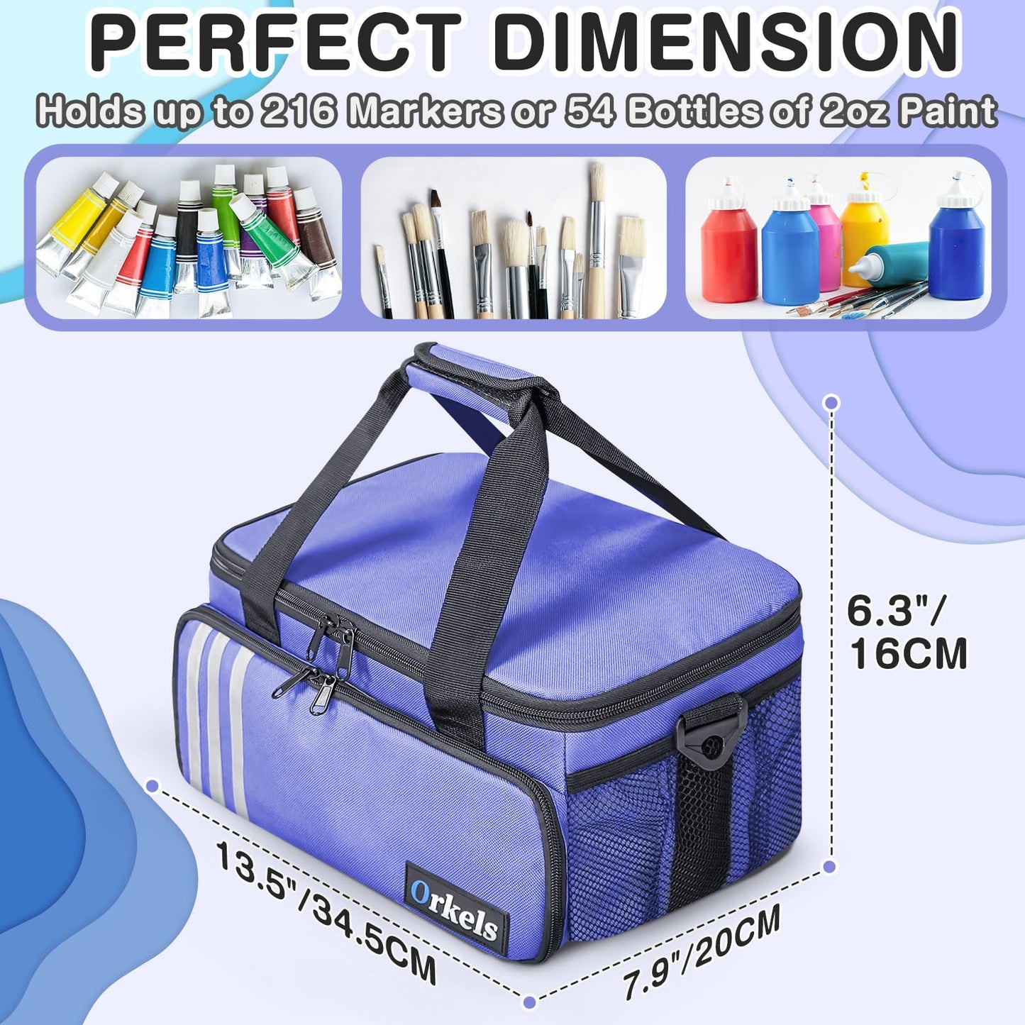 ORKELS Craft Paint and Marker Organizer, Acrylic Paint Storage Bag with Brush and Bottle Holders, Large Marker Carrying Case for Artists (Purple)