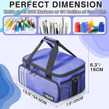 ORKELS Craft Paint and Marker Organizer, Acrylic Paint Storage Bag with Brush and Bottle Holders, Large Marker Carrying Case for Artists (Purple)