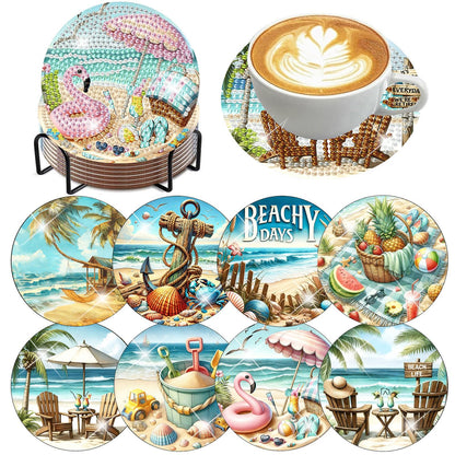 8 PCS Diamond Art Coasters Kits Beach Diamond Painting Coaster Kits Diamond Coasters with Holder Cork Pads Gem Art Dots Paintings Crafts Supplies for Adults Beginners
