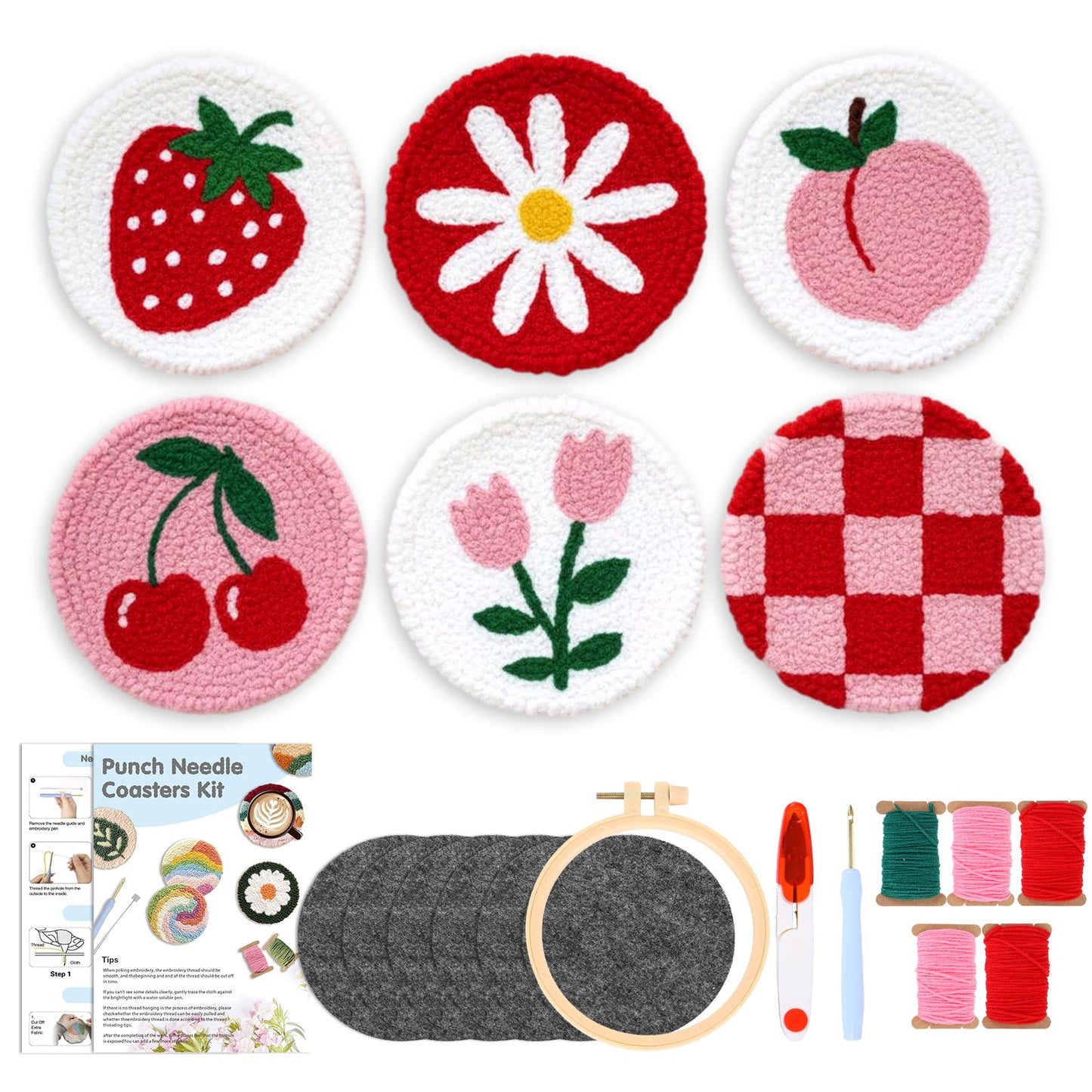 JarThenaAMCS Punch Needle Coaster Kit Easy DIY 6 Pattern Spring Summer Embroidery Set Pink Red Art Craft Supplies with Tools for Beginners Adults