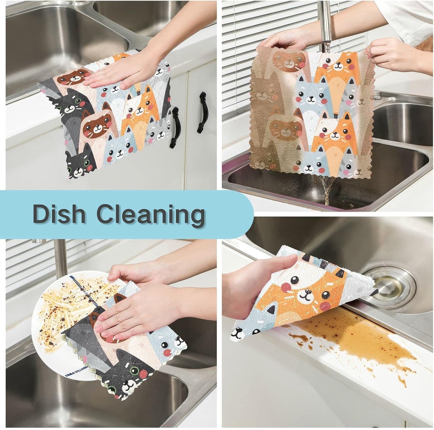 Cute Cats Microfiber Reusable Cleaning Cloths, Kitchen Dish Cloths for Washing Dishes, 6 Pack Animal Dish Towels