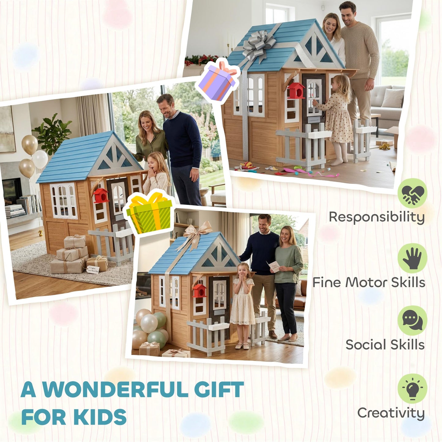Qaba Outdoor Playhouse with Pet Door, Wooden Kids Playhouse with Play Kitchen, Mailbox, Doorbell, Birdhouse, Fence and Windows for Garden, Backyard, Indoor Playroom Pretend Play, Ages 2+, Brown