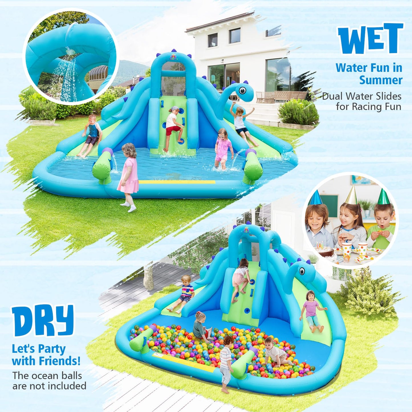 BOUNTECH Inflatable Water Slide Park with Dinosaur, Double Slides Water Park Bounce House w/Climbing Wall, Bouncy Castle with Blower for Outdoor Backyard, Blow up Water Slides Inflatables for Big Kids