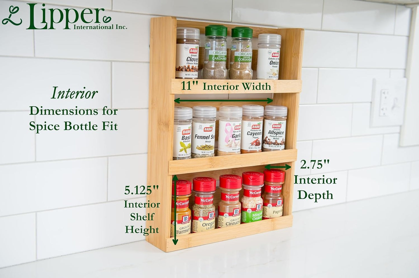 Lipper International Bamboo Wood 3-Tier Spice Rack 8840 - Space Saving 12" x 2.3" Vertical Storage for Spices or Craft Supplies - Attached Ring Hangers, Easy Hand Wash Maintenance