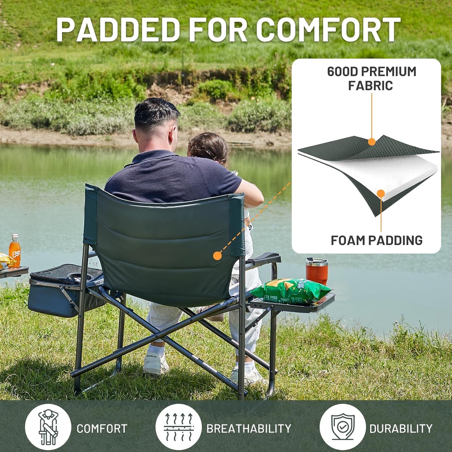 Timber Ridge XXL Oversized Directors Chair - Heavy Duty 600lbs Camping Chair with Cooler Bag & Table - Grey