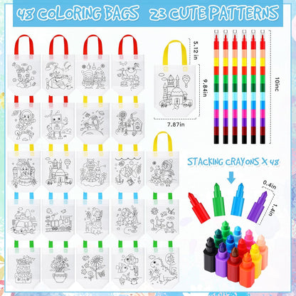 48 Chunful Pieces Coloring Goodie Gift Bags for Kids Birthday Party Reusable Coloring Tote Bags Cute Cartoon Colorful