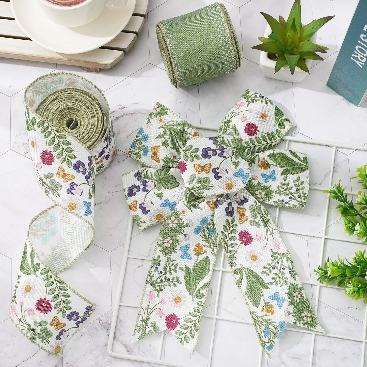 JarThenaAMCS Green Wildflowers Wired Edge Ribbon Retro Wild Floral Craft Ribbon Summer Fabric Ribbon for Spring Wreath Bow Making DIY Wrapping Party Decor Supplies, 2 Rolls, 20 Yard