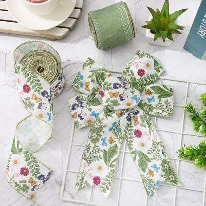 JarThenaAMCS Green Wildflowers Wired Edge Ribbon Retro Wild Floral Craft Ribbon Summer Fabric Ribbon for Spring Wreath Bow Making DIY Wrapping Party Decor Supplies, 2 Rolls, 20 Yard