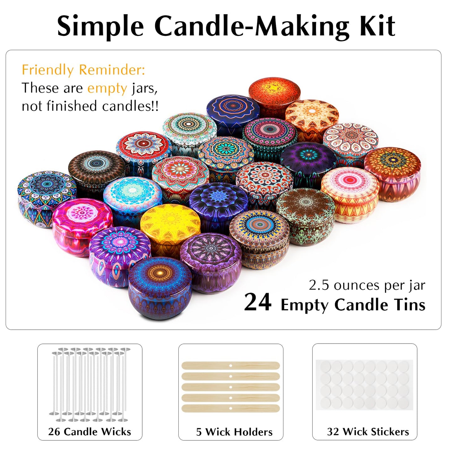 Domivirgo 24 Empty Candle Tins 2.5 oz with Lids - Simple Candle-Making Kit, Includes 26 Wicks, 5 Holders & 32 Stickers, Multi-Purpose Storage Containers for Crafts & Small Items (2.5oz)
