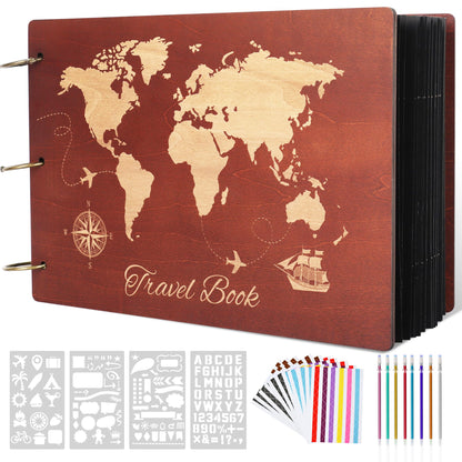 Giiffu Wooden Scrapbook Album for Travel Memories, DIY Photo Scrapbooking Book with Accessories, 100 Pages Personalized Adventure Memory Journal, Gift for Graduation, Birthday & Couples
