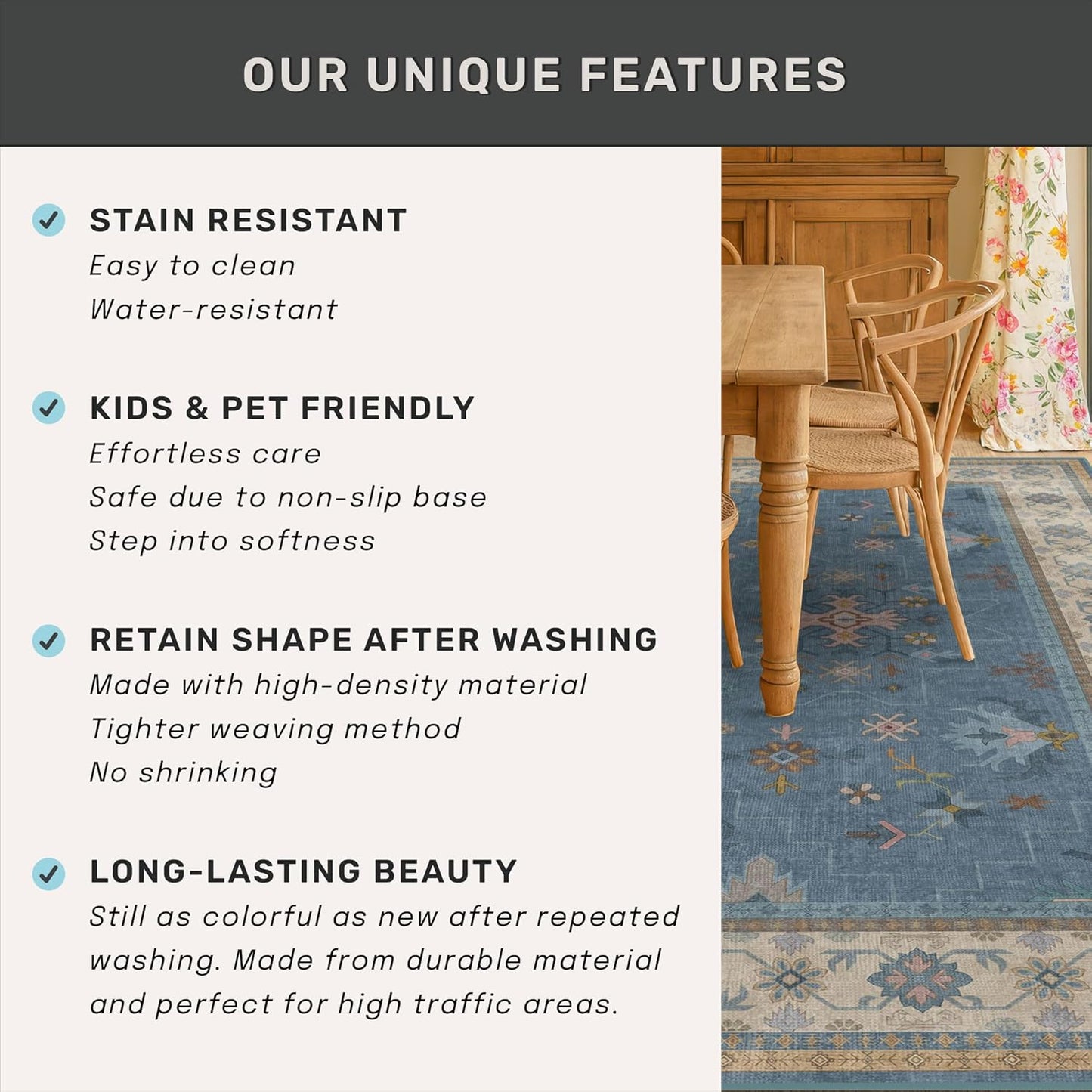 Blue Boho Runner Rug - Washable Non-Slip 2'6''x8' Hallway Rug with Colorful Floral Print