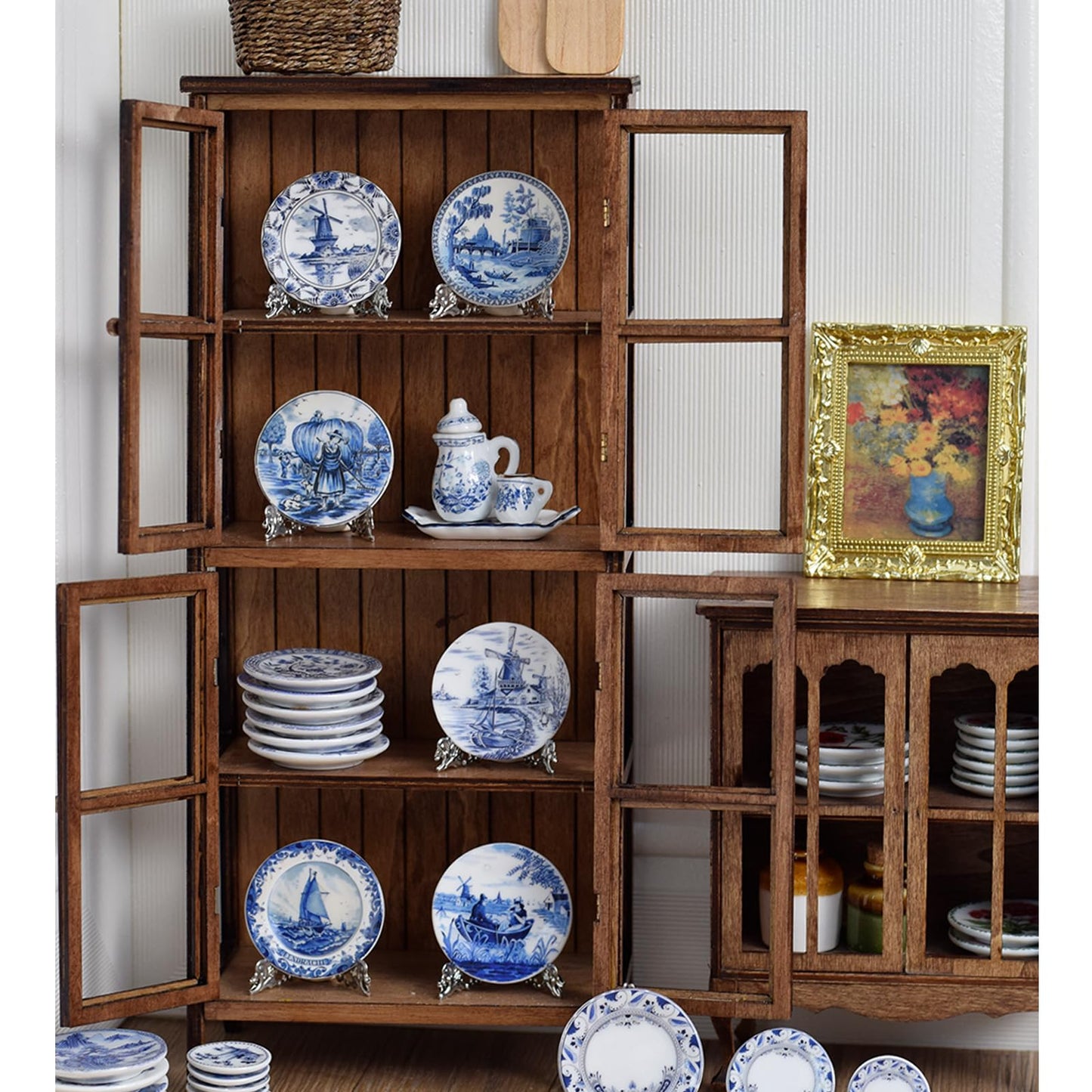 6PCS Handcrafted Miniature Ceramic Plates in 1:12 or 1:6 Scale, Vintage Porcelain Playhouse Dishes (Blue-White B, 2.3CM)