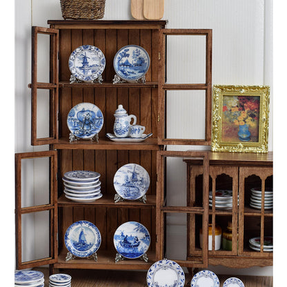 6PCS Handcrafted Miniature Ceramic Plates in 1:12 or 1:6 Scale, Vintage Porcelain Playhouse Dishes (Blue-White B, 2.3CM)