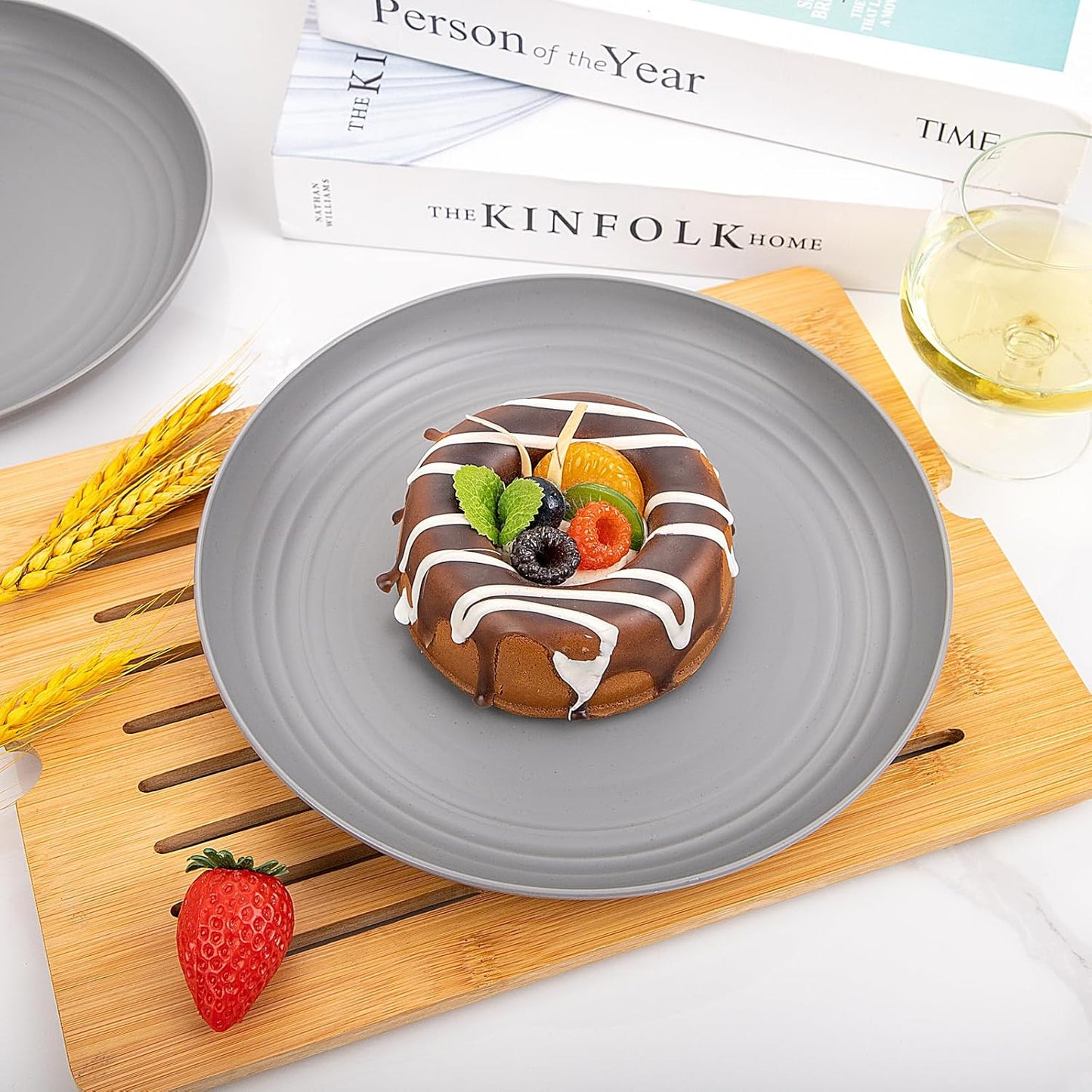 LIYH 36pcs Grey Wheat Straw Dinnerware Set - Reusable Plastic Plates and Bowls, Dishwasher Safe