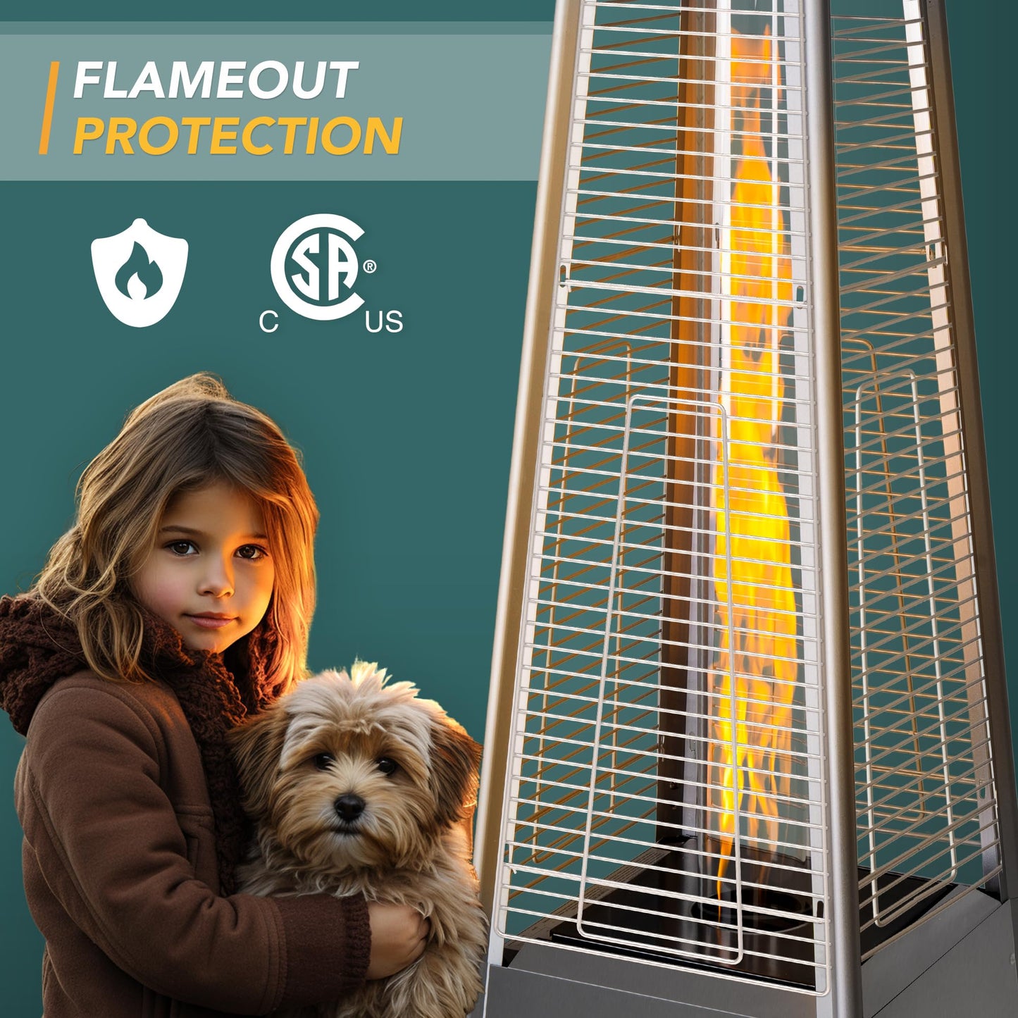 Pamapic Patio Heater, 48,000 BTU Pyramid Flame Patio Outdoor Heater with Cover, Quartz Glass Tube Stainless Steel Propane Heater with Wheels (Stainless Steel Color)