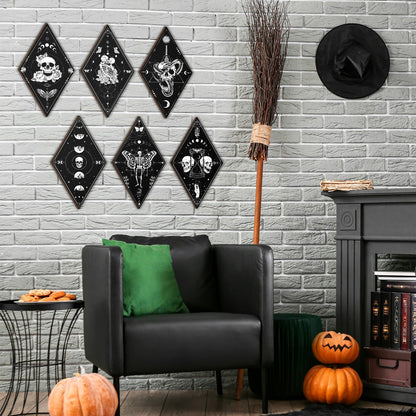 Huwena 6 Pack Gothic Wall Decor for Bedroom Living Room Dark Boho Skull Moon Snake Sun Phase Wooden Hanging Art