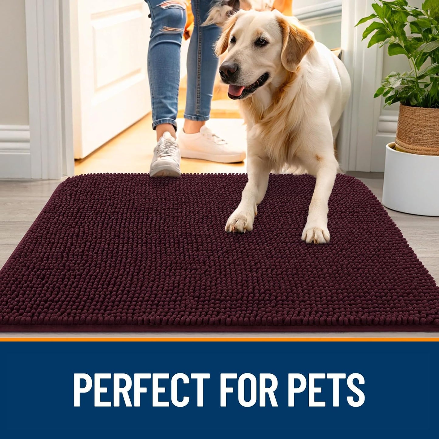 OLANLY Dog Door Mat - Absorbent Non-Slip Chenille Mat for Muddy Paws | 35x24 Inches, Quick Dry, Russet