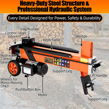 PPOLB 7 Ton Electric Wood Splitter, 15Amp Hydraulic Log Splitter, Portable Electric Log Splitter for Firewood, Compact Horizontal Wood Splitter for Backyard, Garage, Cabin - Orange