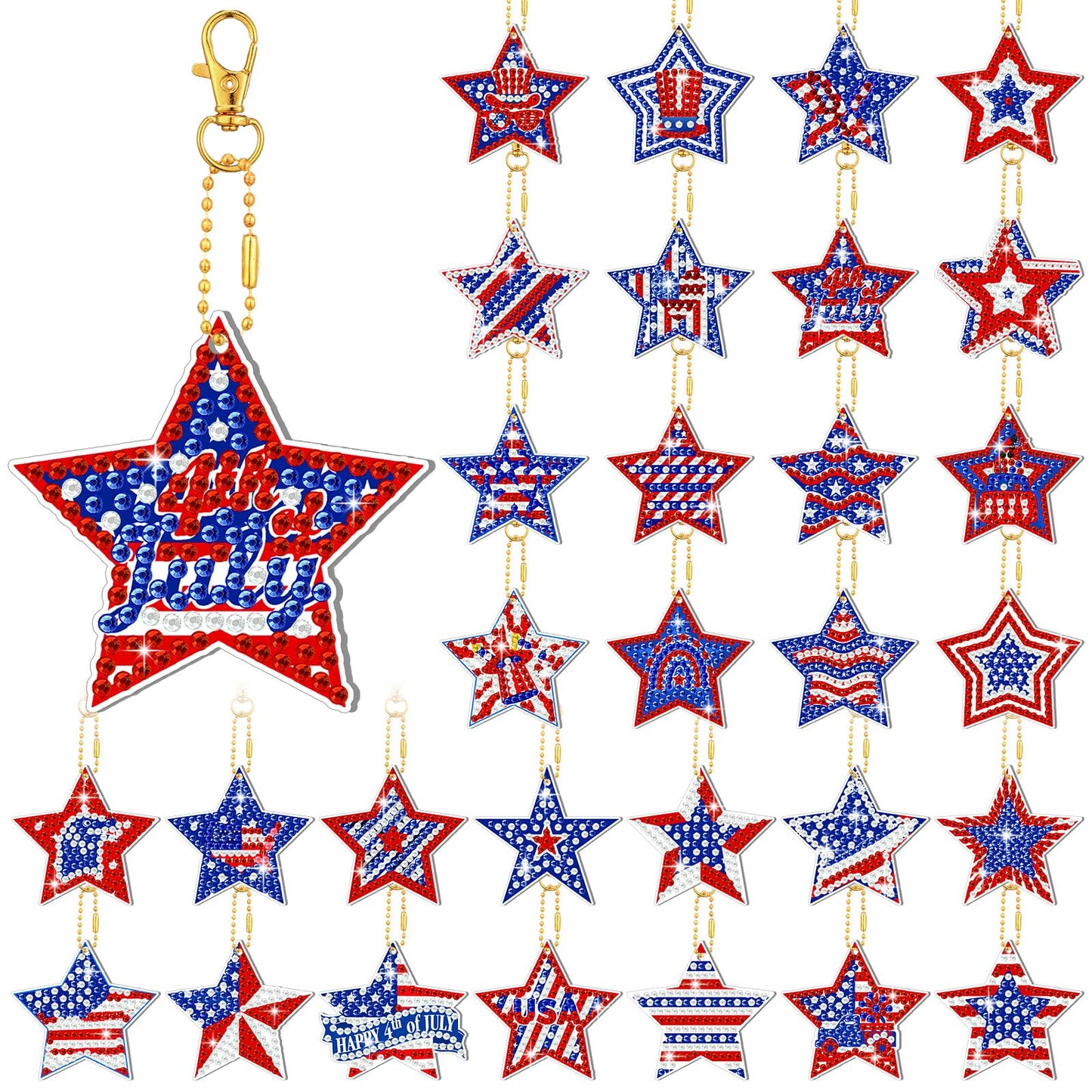WILLBOND 30 Pcs 4th of July Diamond Art Keychain Kits for Adults Patriotic Diamond Painting Key Ring Double Sided American Flag Red White Blue Star Hanging Ornaments for Independence Day DIY Decor