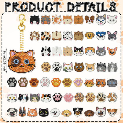 Huquary 60 Pcs Cat Dog Diamond Painting Keychain Animal Diamond Painting Keychain Kits for Aldults Double Sided 5d Rhinestones Hanging Key Chains Ornaments for Beginners DIY Crafts Party