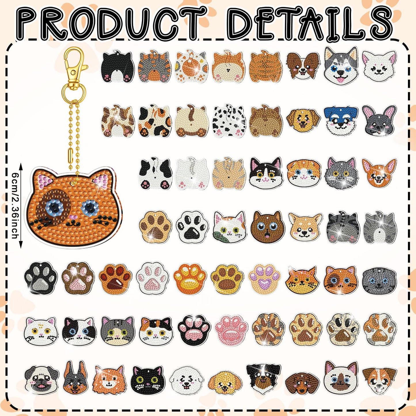Huquary 60 Pcs Cat Dog Diamond Painting Keychain Animal Diamond Painting Keychain Kits for Aldults Double Sided 5d Rhinestones Hanging Key Chains Ornaments for Beginners DIY Crafts Party