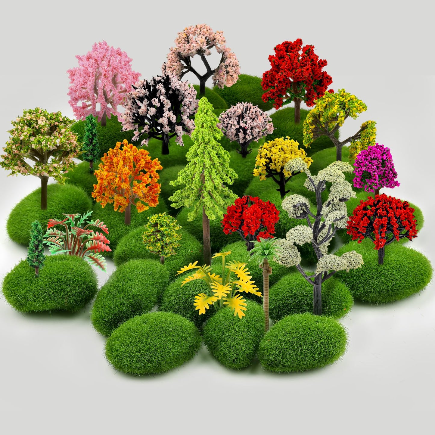 QUOZUO 42Pcs Model Miniature Trees with Moss Stones, Model Train Scenery, Mixed Model Colourful Trees for Building Model, Natural Green Landscape, Railroad Scenery