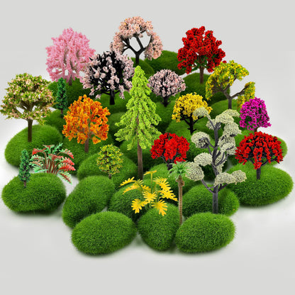 QUOZUO 42Pcs Model Miniature Trees with Moss Stones, Model Train Scenery, Mixed Model Colourful Trees for Building Model, Natural Green Landscape, Railroad Scenery