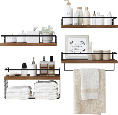 Wood Floating Shelves by [Brand Name] - Rustic Wall-Mounted 4-Tier Bathroom Shelf Set with Basket & Towel Bar