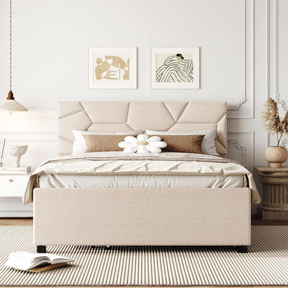 Brisca Full Size Linen Upholstered Platform Bed with Brick Pattern Headboard and Twin Size Trundle,Bed Frame W/ 10 Wooden Slats & 4 Supporting Legs,for Bedroom,Apartment,Guest Room,Beige