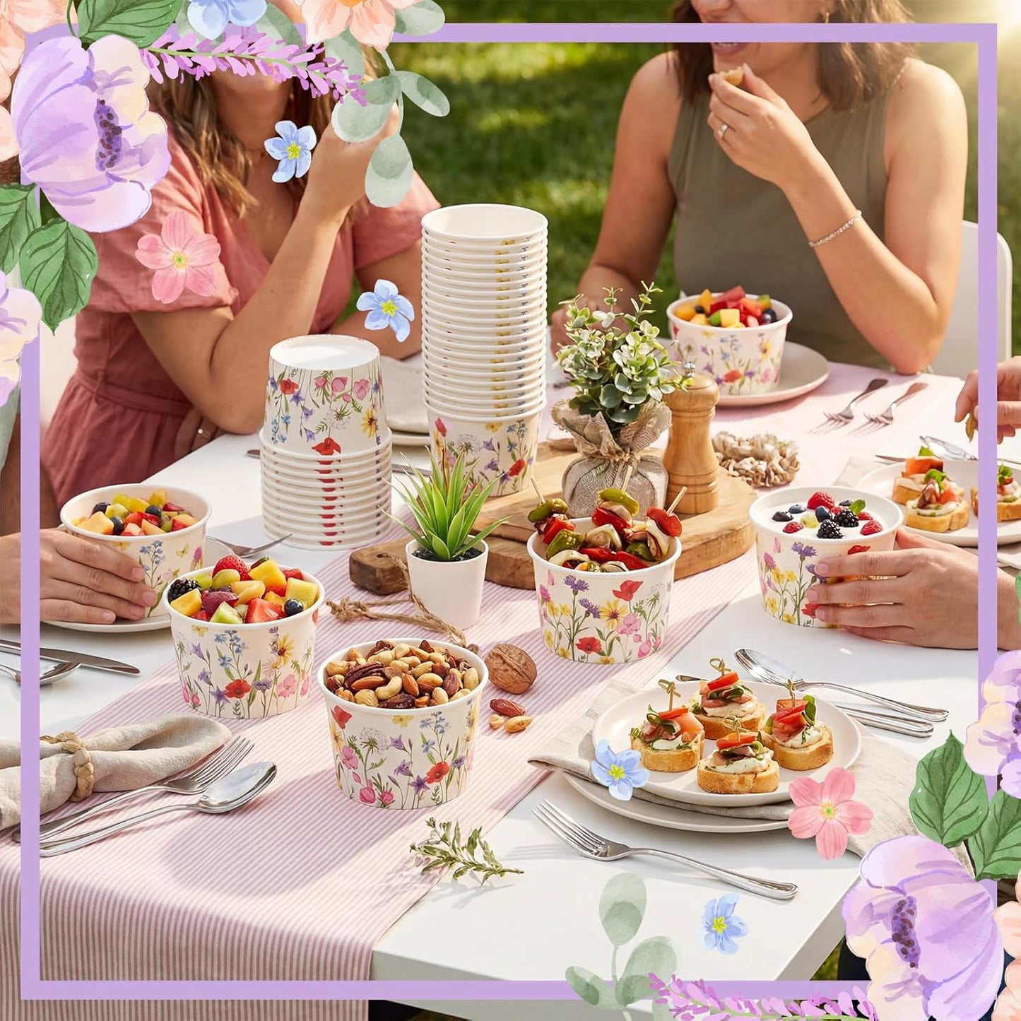 Hsei 60 16oz Pcs Floral Disposable Soup Bowls Ice Cream Cups Flowers Snack Paper Bowls Wildflower Dessert Sundae Yogurt