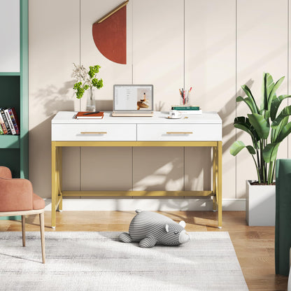 LITTLE TREE 41" Computer Desk with Two Drawers, Modern Study Writing Desk with Storage, White Makeup Vanity Table Office Desk with Gold Metal Frame for Home Office