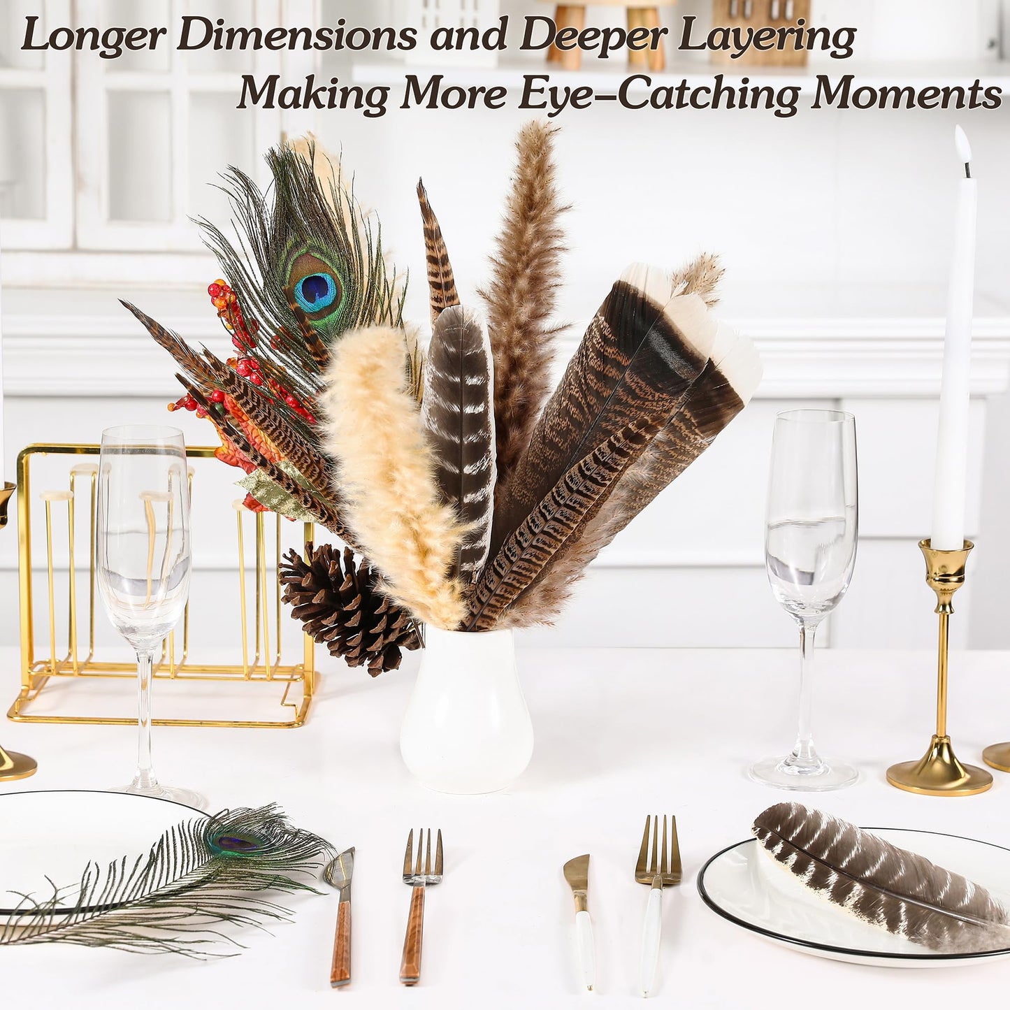 Ballinger 8-12inch 4 Styles 24Pcs Assorted Pheasant Feathers and 12Pcs 24-26inch Black Ostrich Feaathers for Crafting Vase Hat Wedding Autumn Party Decor