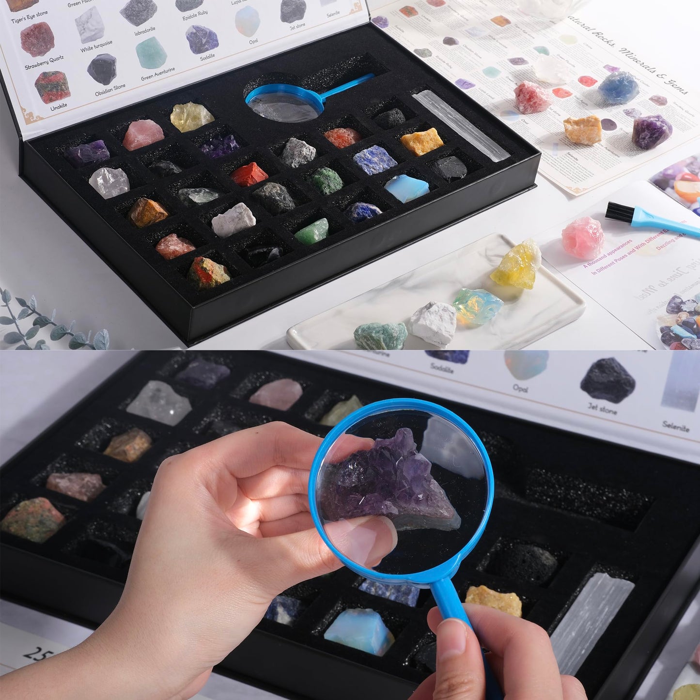 HEMYLU Rock Collection for Kids, 25PCS Crystal Gem Mineral Collection Set Box Gift for Boys and Girls, Natural Gemstone with Learning Guide Education Set