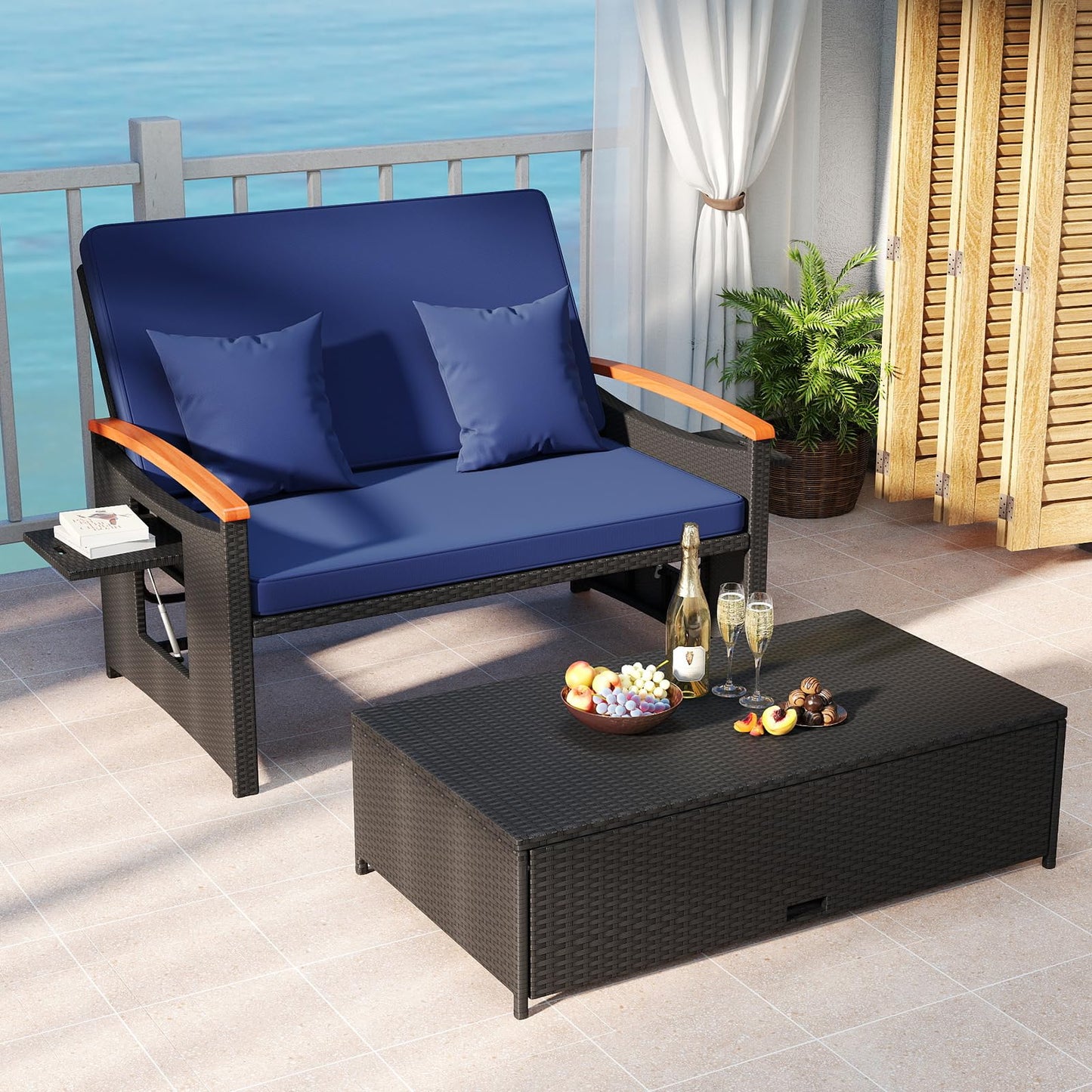 Tangkula Patio Rattan Daybed with 4-Level Adjustable Backrest, Outdoor Wicker Loveseat with Acacia Wood Armrest, Storage Ottoman & Folding Tray, Double Sunbed for Yard & Poolside (Navy & Black)