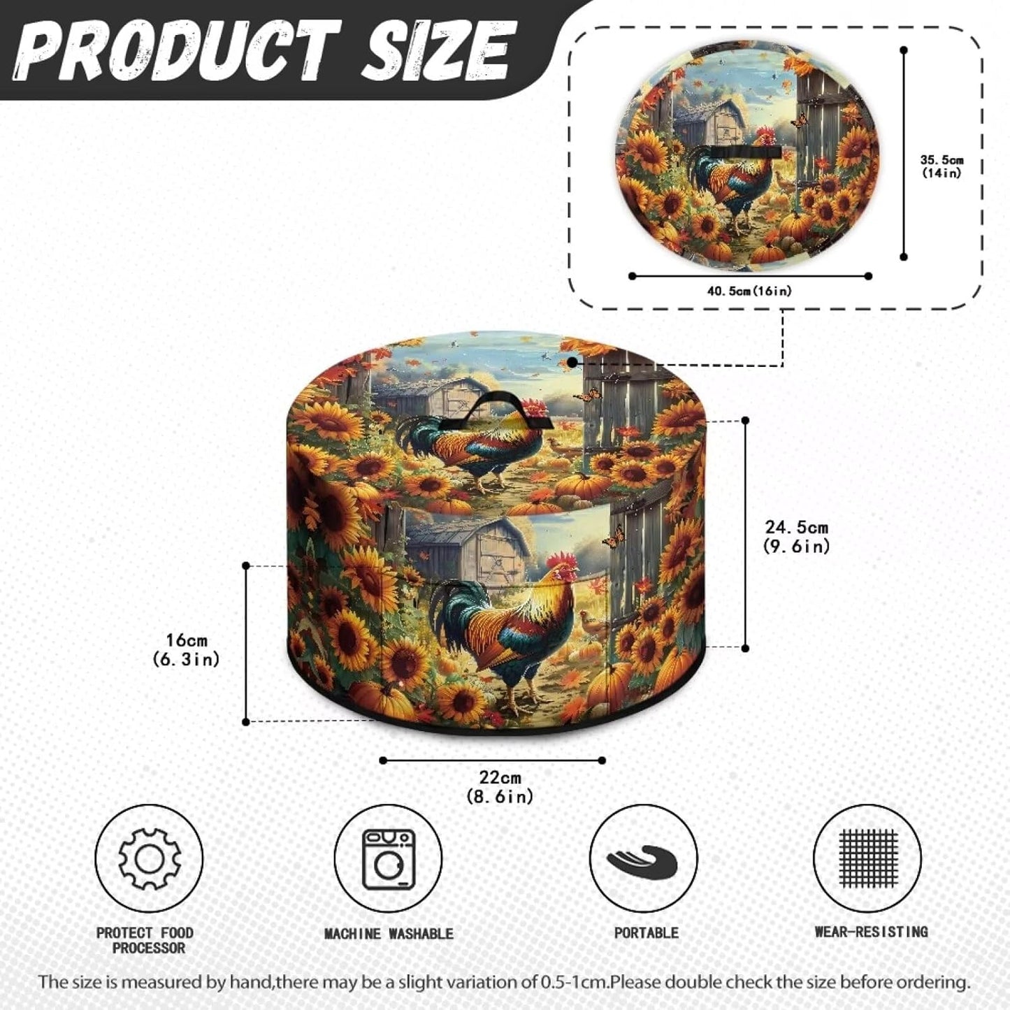 Slow Cooker Dust Cover with Oval Rooster Sunflowers Print, Fits 6-8 Quart Slow Cooker, Pocket Included
