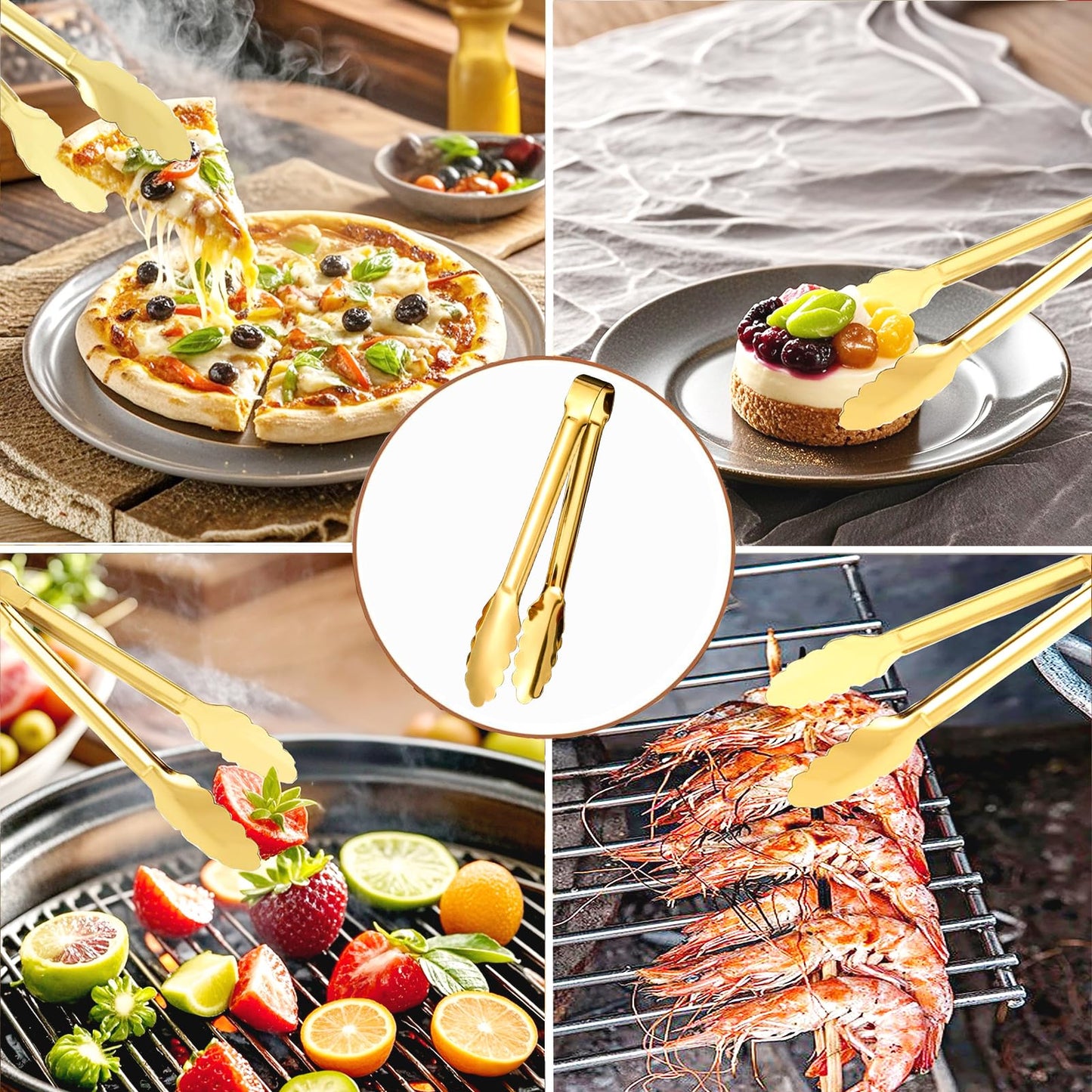 6pcs Stainless Steel Serving Tongs Gold or Silver Plated 9inch Heavy Duty Durable BBQ Clamps Design for Weddings Parties Banquets Buffets Family Gatherings Kitchen Cooking Serving Clip