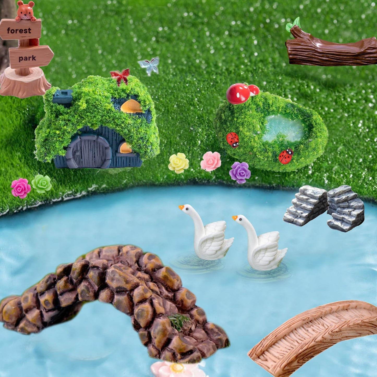 U-Zimikee 45 Pcs Resin Mini Garden Accessories - Miniature Landscape Decorations with Mini Bridge Pond Mountain House Figurines Swan Ladybug Butterfly Flower Figures Bulk for Dollhouse Garden Craft