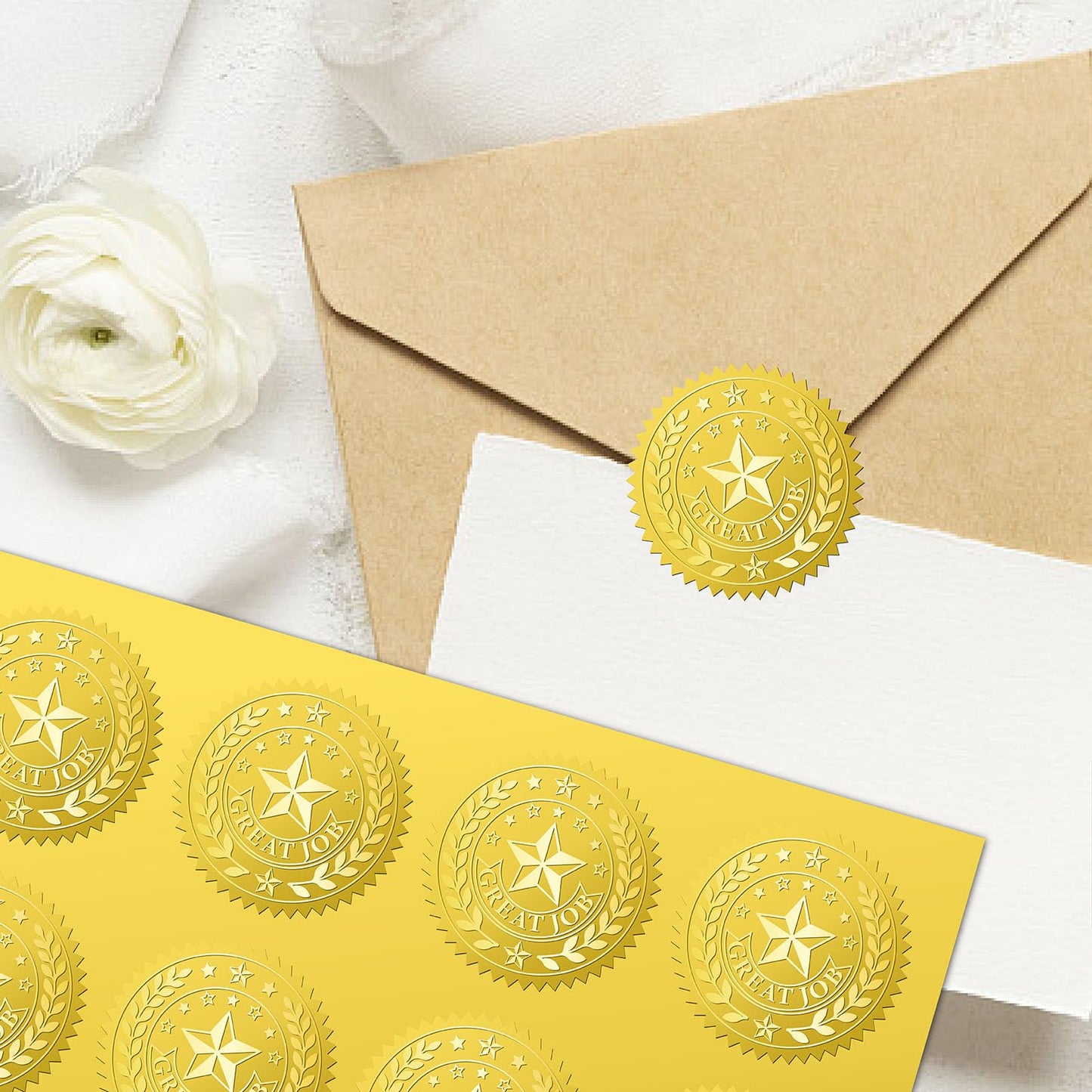 CRASPIRE 408Pcs Great Job Star Gold Foil Embossed Stickers 2" Official Self Adhesive Envelopes Seals Round Labels for Wedding Invitation Corporation Graduation Certificates Diplomas Gift Award