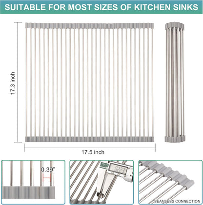 Roll Up Dish Drying Rack, Over the Sink Kitchen Dish Drainer, Foldable Sink Rack Mat, 304 Stainless Steel