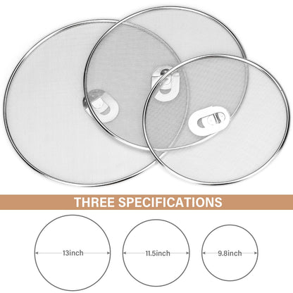 3 Pack Splatter Screen for Frying Pan 13" 11.5" 9.8" Stainless Steel Grease Splatter Guard Ultra Fine Mesh Lids with Fold Flat Knob Set for Prevent Oil Splatter