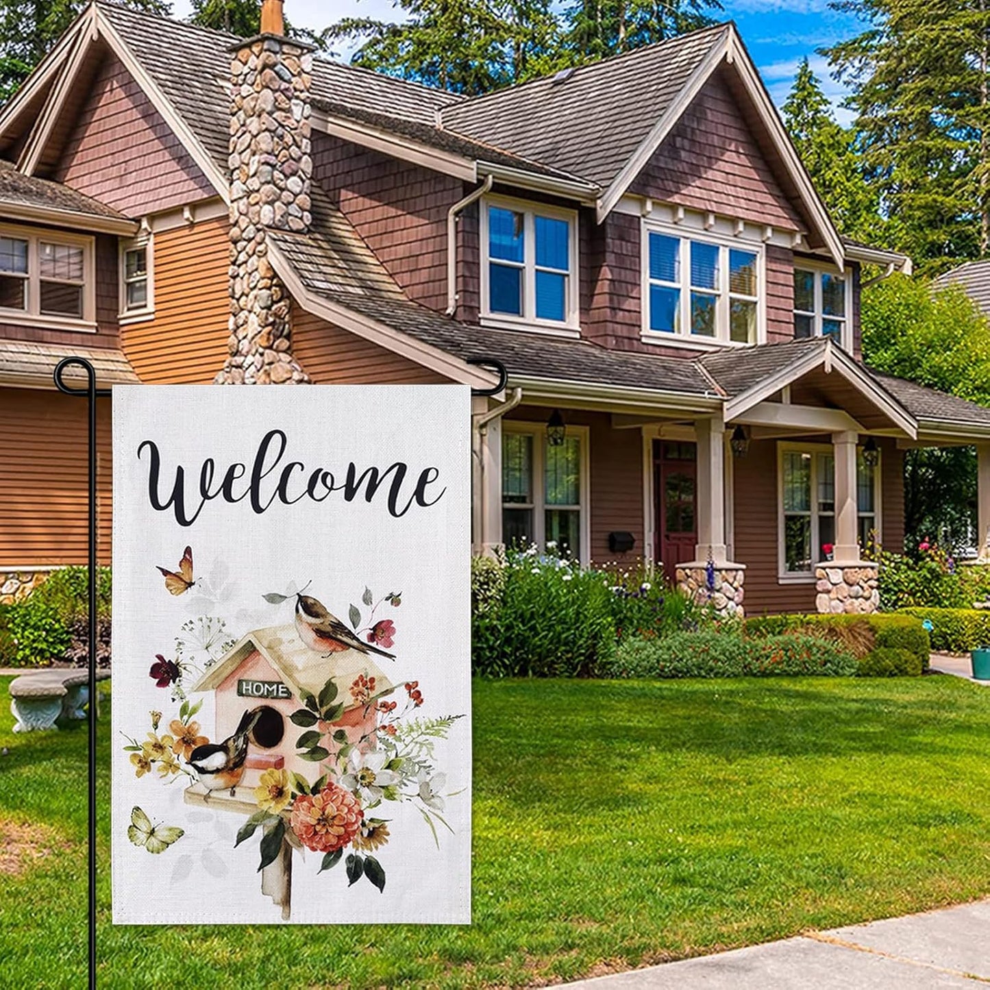 Welcome Floral Bird Garden Flag, 12x18 Inch Double Sided for Outdoor Yard Home Decoration